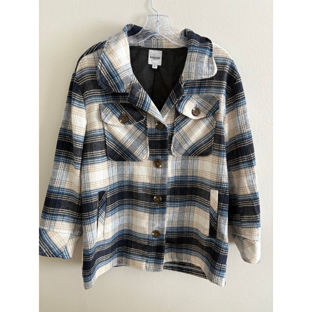 Kensie Jeans Shacket Oversized Plaid Flannel Shirt Jacket Blue Cream Size S - Picture 2 of 9